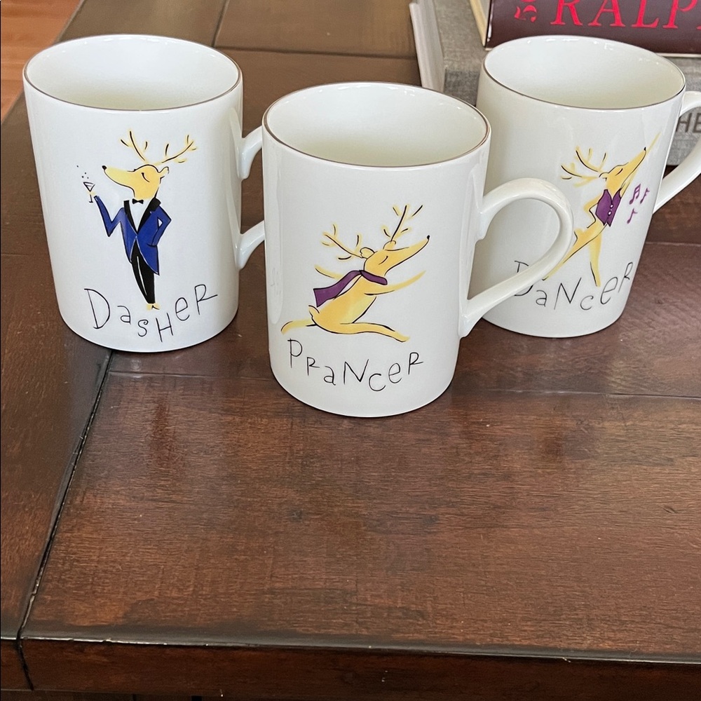 Pottery Barn Reindeer Mug Set - White with Purple and Blue Accents